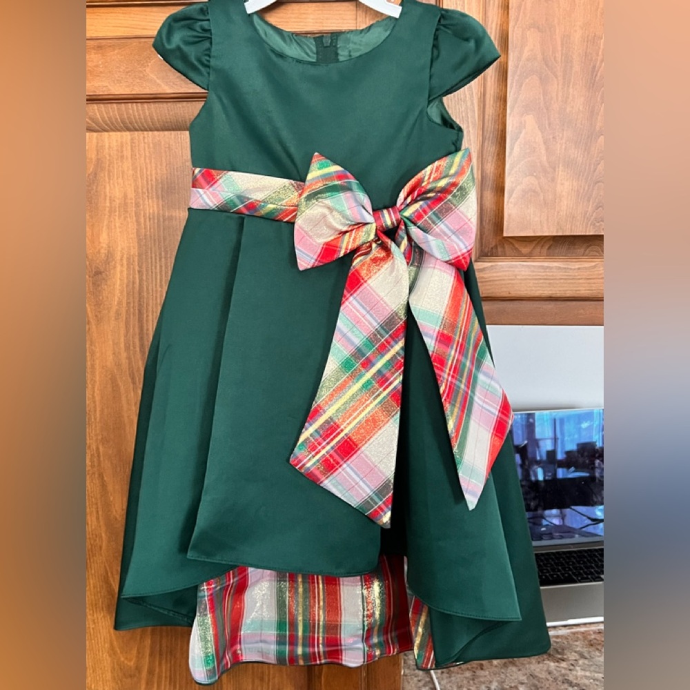 Rare Editions Green Dress with Plaid Bow